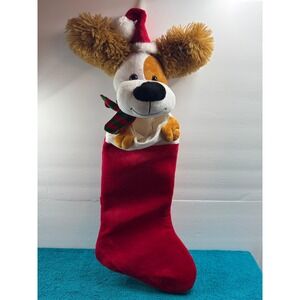 Plush Puppy Dog Christmas Stocking Red Velvet 3D Musical Santa Hat Striped Scarf